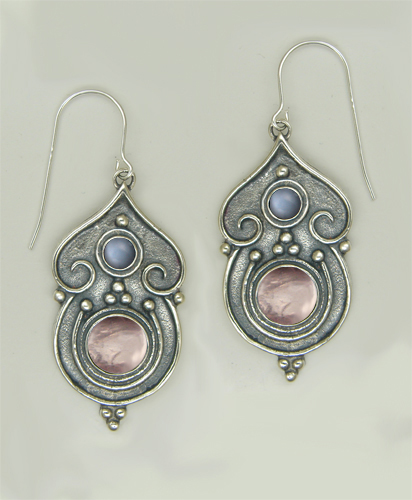Sterling Silver Gothic Inspired Drop Dangle Earrings With Rose Quartz And Grey Moonstone
